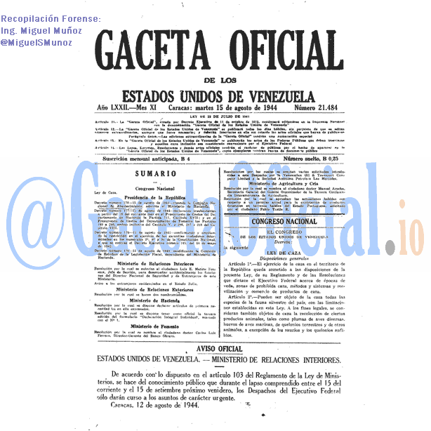 Gaceta Oficial 21484 del 15 Agosto 1944