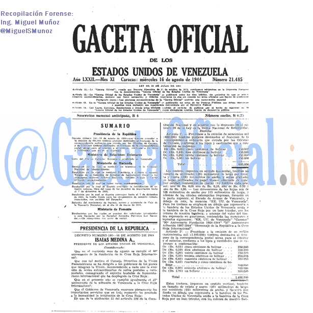 Gaceta Oficial 21485 del 16 Agosto 1944