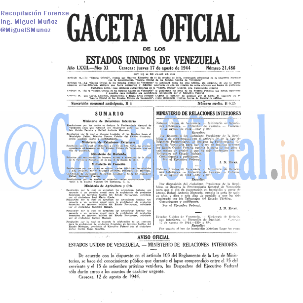 Gaceta Oficial 21486 del 17 Agosto 1944