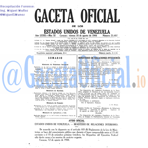 Gaceta Oficial 21487 del 18 Agosto 1944