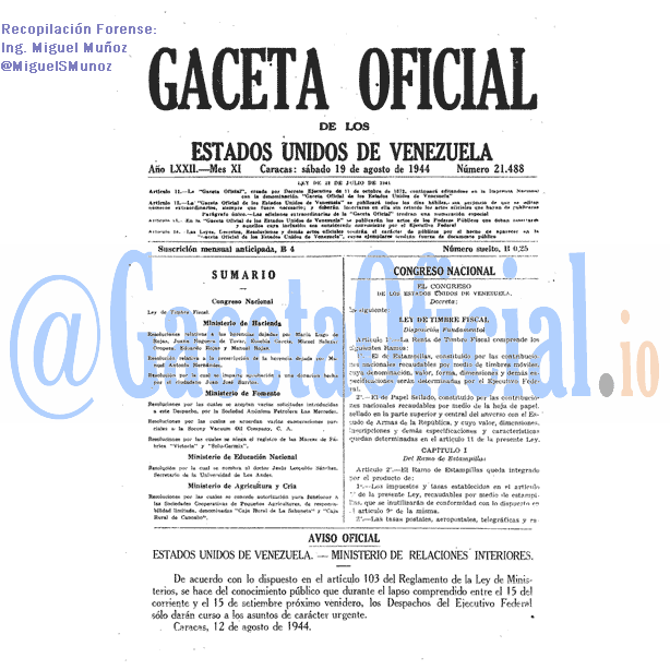 Gaceta Oficial 21488 del 19 Agosto 1944