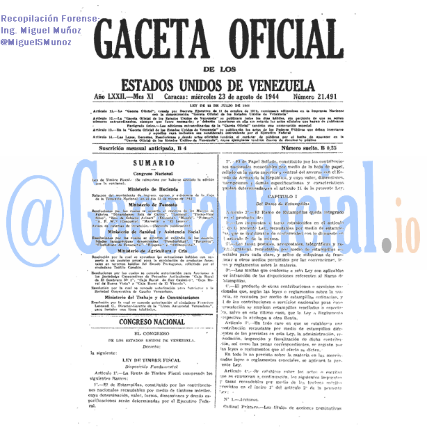 Gaceta Oficial 21491 del 23 Agosto 1944