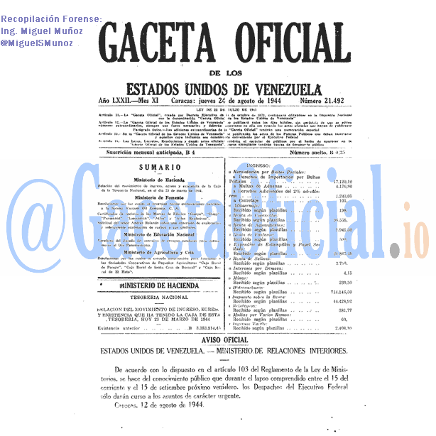 Gaceta Oficial 21492 del 24 Agosto 1944