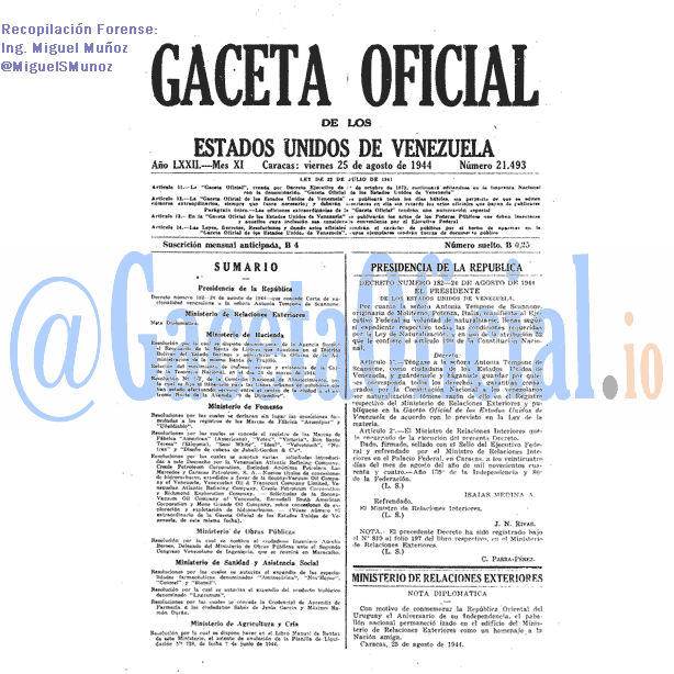 Gaceta Oficial 21493 del 25 Agosto 1944