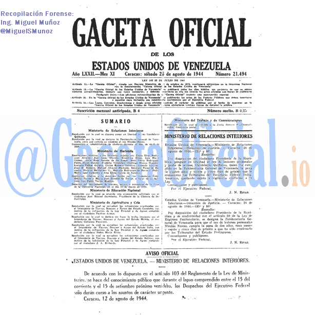 Gaceta Oficial 21494 del 26 Agosto 1944