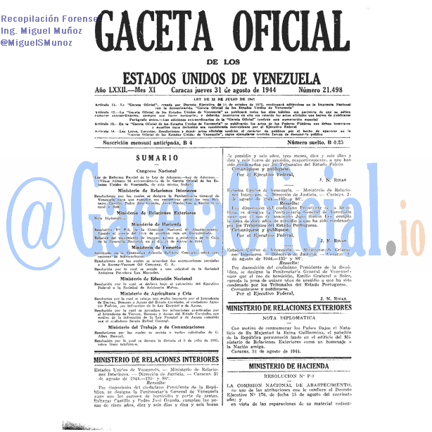 Gaceta Oficial 21498 del 31 Agosto 1944