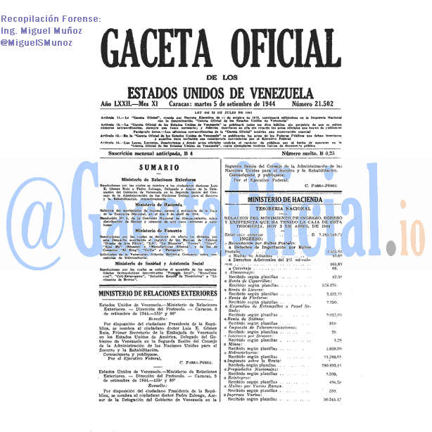 Gaceta Oficial 21502 del 5 Septiembre 1944