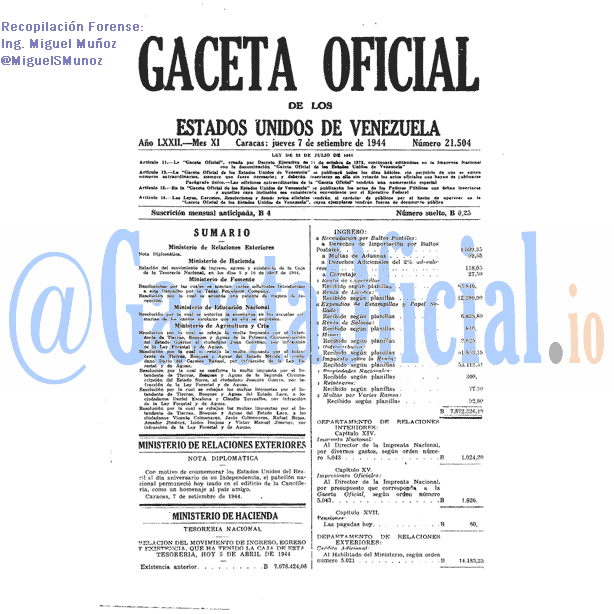 Gaceta Oficial 21504 del 7 Septiembre 1944