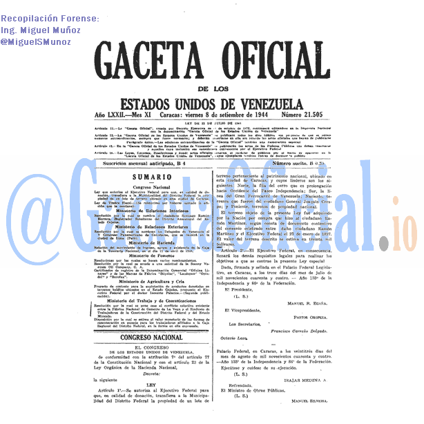 Gaceta Oficial 21505 del 8 Septiembre 1944