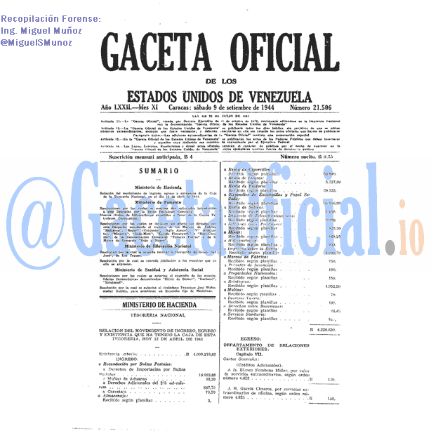 Gaceta Oficial 21506 del 9 Septiembre 1944