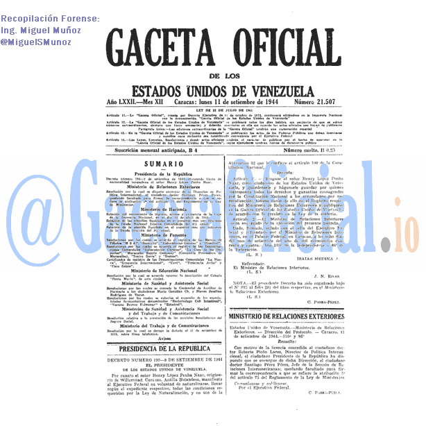 Gaceta Oficial 21507 del 11 Septiembre 1944