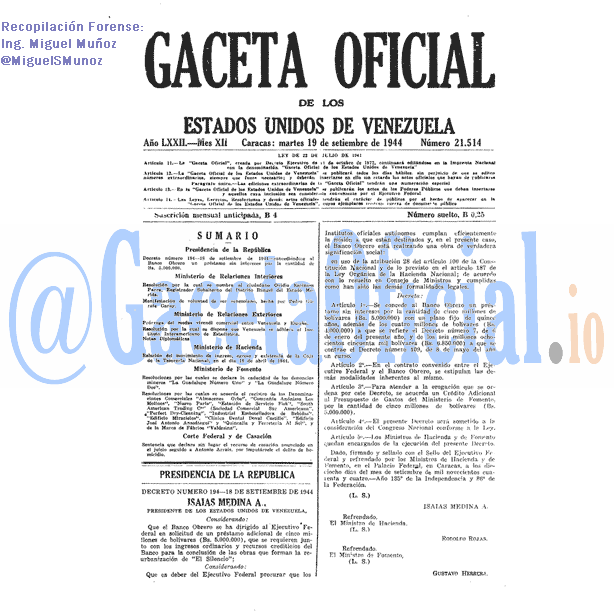 Gaceta Oficial 21514 del 19 Septiembre 1944