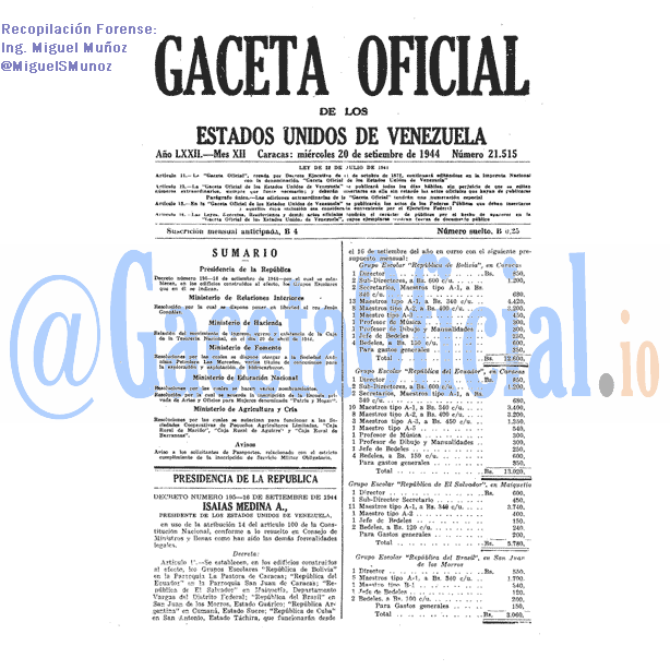 Gaceta Oficial 21515 del 20 Septiembre 1944