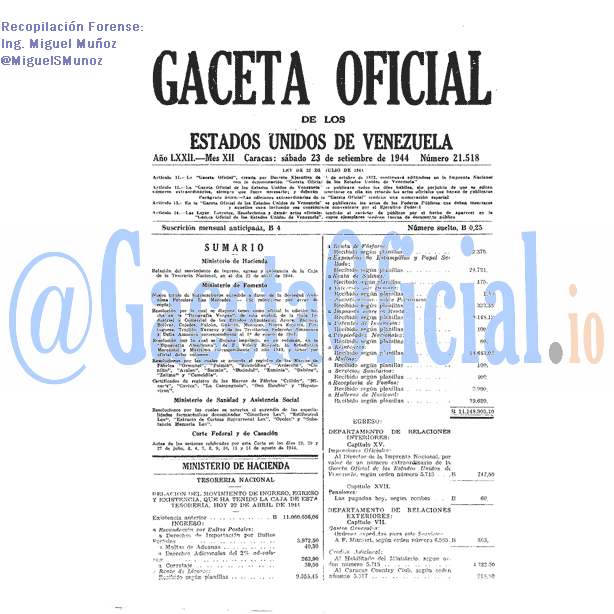 Gaceta Oficial 21518 del 23 Septiembre 1944