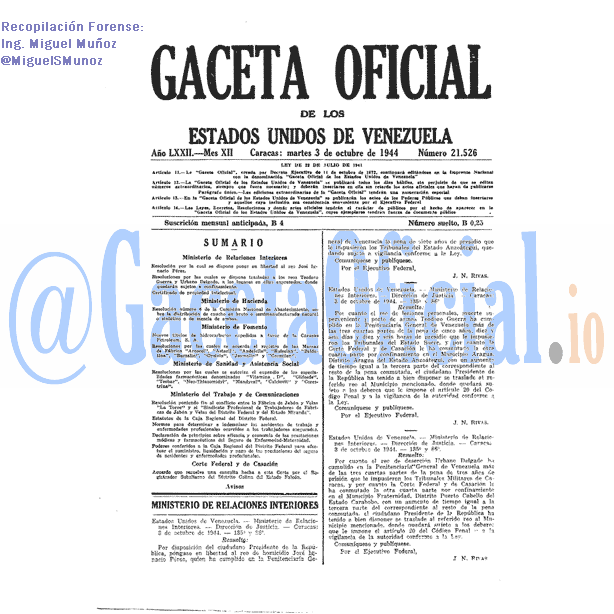 Gaceta Oficial 21526 del 3 Octubre 1944