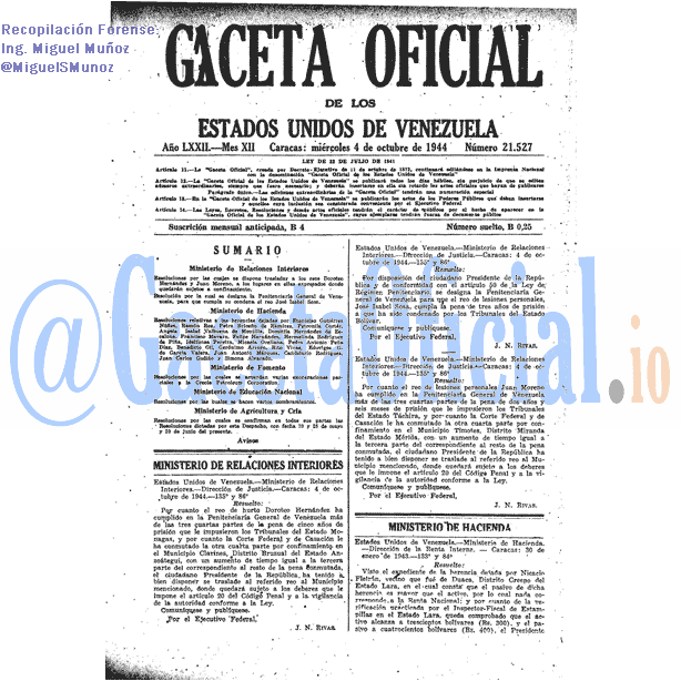 Gaceta Oficial 21527 del 4 Octubre 1944