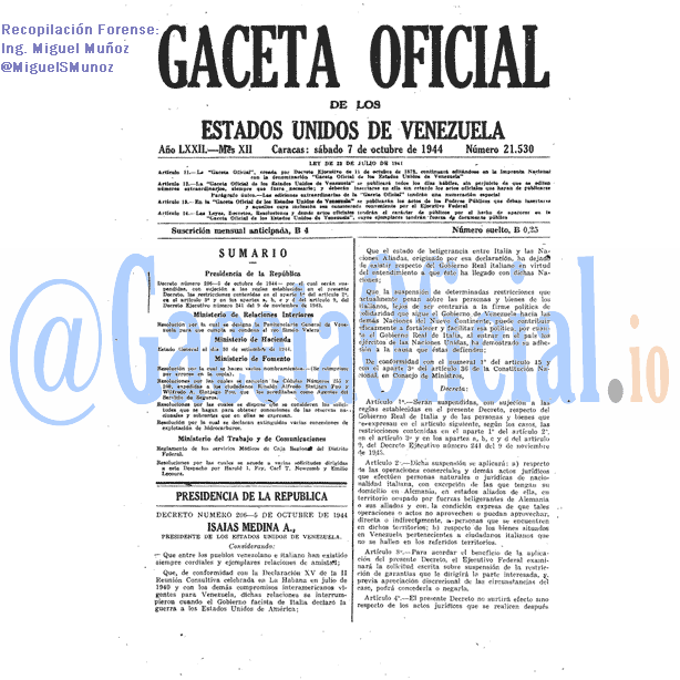 Gaceta Oficial 21530 del 7 Octubre 1944