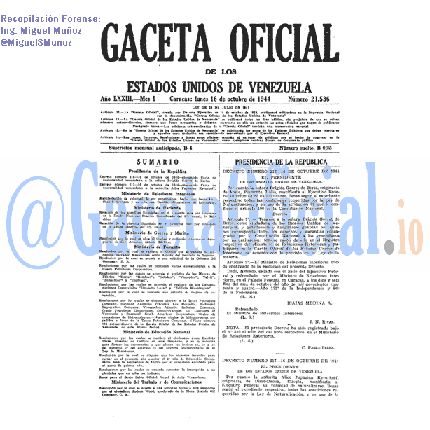 Gaceta Oficial 21536 del 16 Octubre 1944