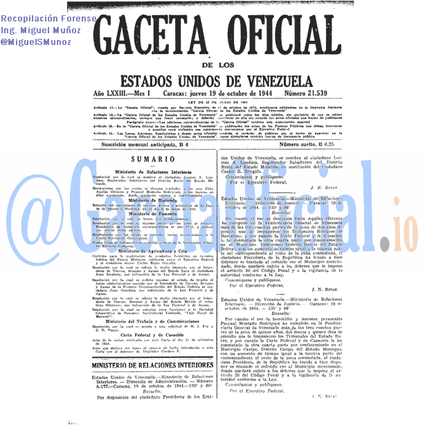 Gaceta Oficial 21539 del 19 Octubre 1944