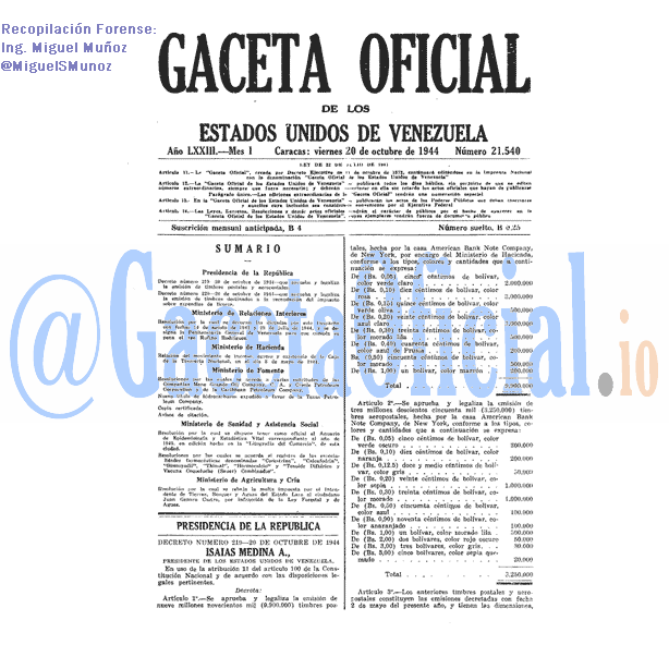 Gaceta Oficial 21540 del 20 Octubre 1944