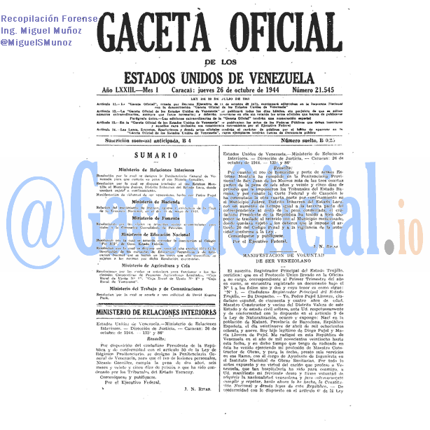 Gaceta Oficial 21545 del 26 Octubre 1944