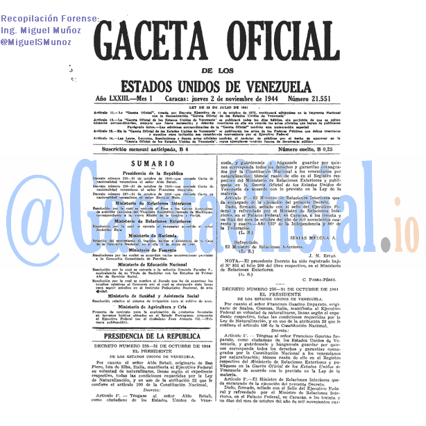 Gaceta Oficial 21551 del 2 Noviembre 1944