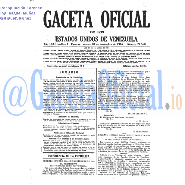 Gaceta Oficial 21558 del 10 Noviembre 1944