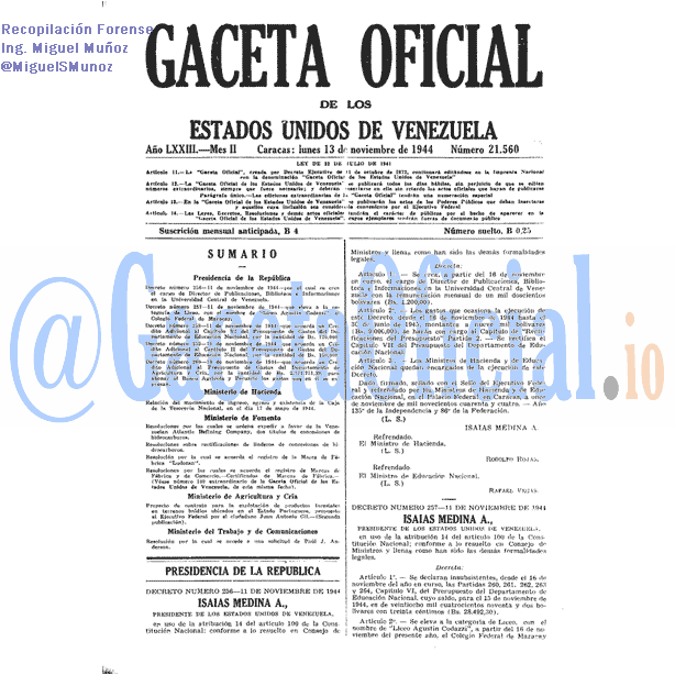 Gaceta Oficial 21560 del 13 Noviembre 1944