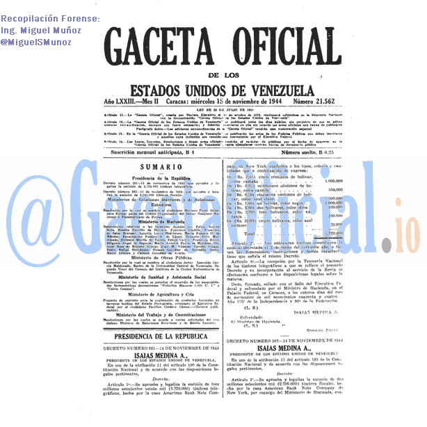 Gaceta Oficial 21562 del 15 Noviembre 1944