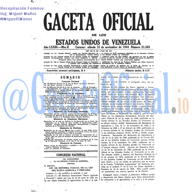 Gaceta Oficial 21565 del 18 Noviembre 1944