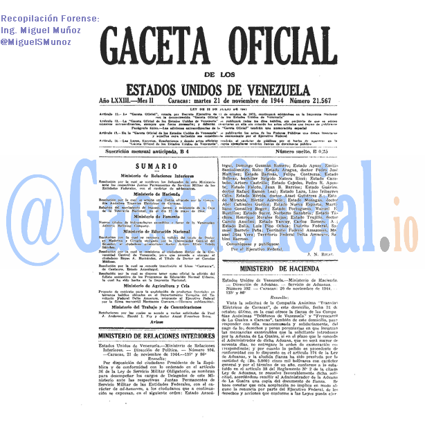 Gaceta Oficial 21567 del 21 Noviembre 1944