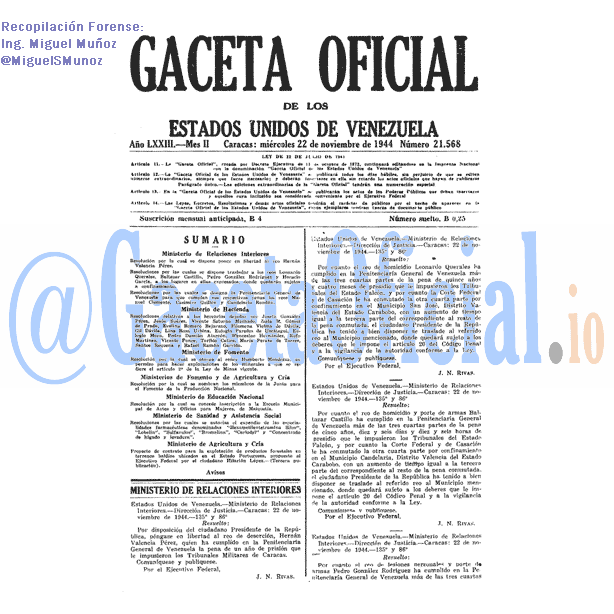 Gaceta Oficial 21568 del 22 Noviembre 1944