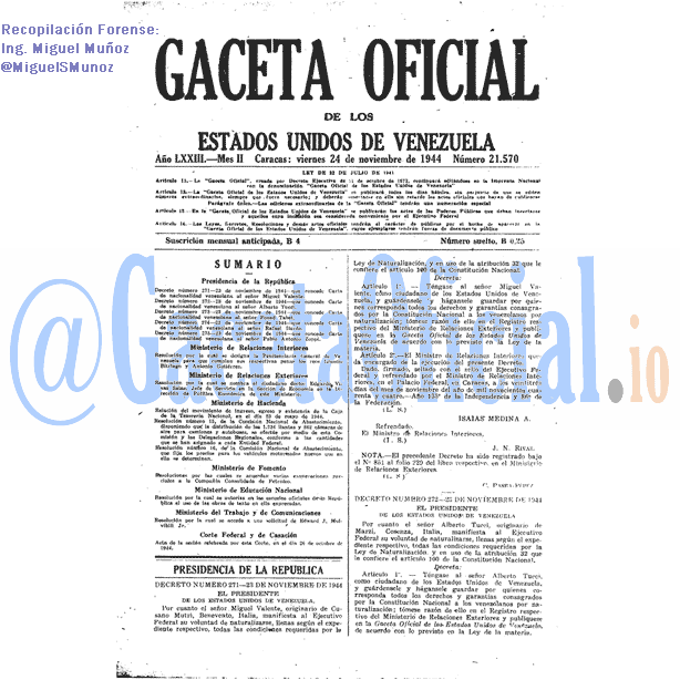 Gaceta Oficial 21570 del 24 Noviembre 1944