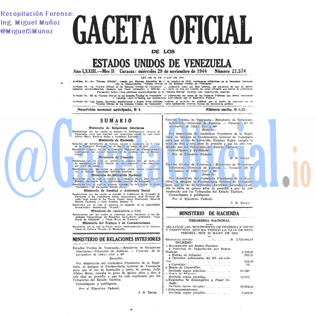 Gaceta Oficial 21574 del 29 Noviembre 1944