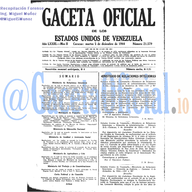 Gaceta Oficial 21579 del 5 Diciembre 1944