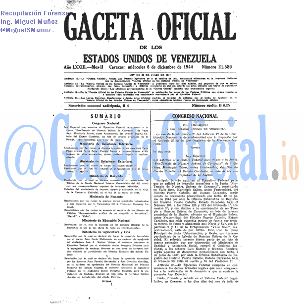 Gaceta Oficial 21580 del 6 Diciembre 1944