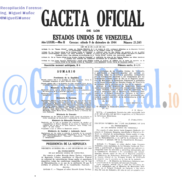 Gaceta Oficial 21583 del 9 Diciembre 1944