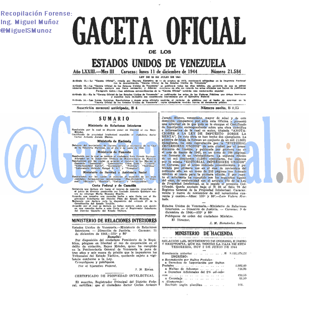 Gaceta Oficial 21584 del 11 Diciembre 1944