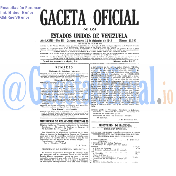 Gaceta Oficial 21585 del 12 Diciembre 1944