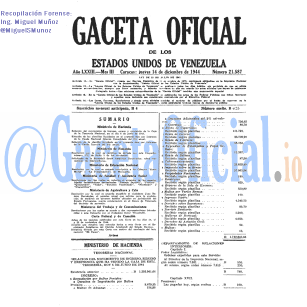 Gaceta Oficial 21587 del 14 Diciembre 1944