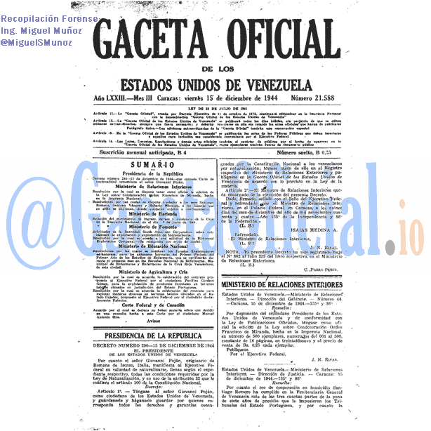 Gaceta Oficial 21588 del 15 Diciembre 1944