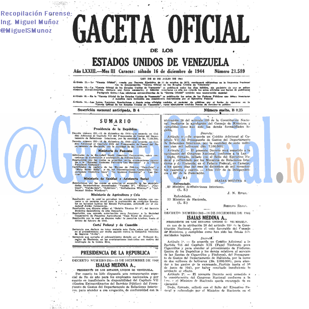 Gaceta Oficial 21589 del 16 Diciembre 1944
