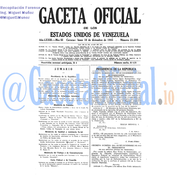 Gaceta Oficial 21590 del 18 Diciembre 1944