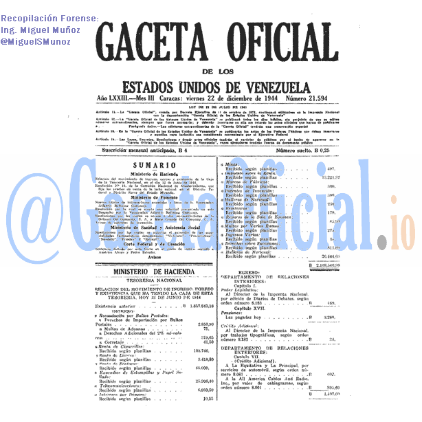 Gaceta Oficial 21594 del 22 Diciembre 1944