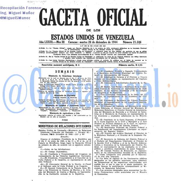 Gaceta Oficial 21596 del 26 Diciembre 1944