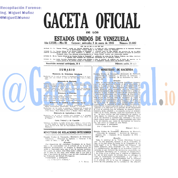 Gaceta Oficial 21602 del 3 Enero 1945