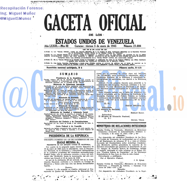 Gaceta Oficial 21604 del 5 Enero 1945