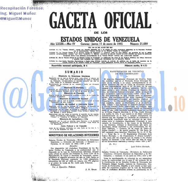 Gaceta Oficial 21609 del 11 Enero 1945