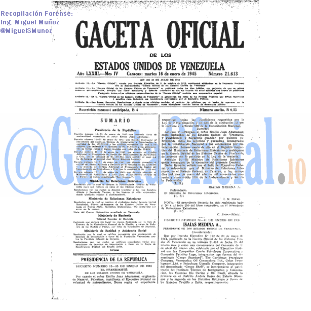 Gaceta Oficial 21613 del 16 Enero 1945