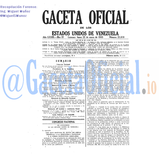 Gaceta Oficial 21618 del 22 Enero 1945